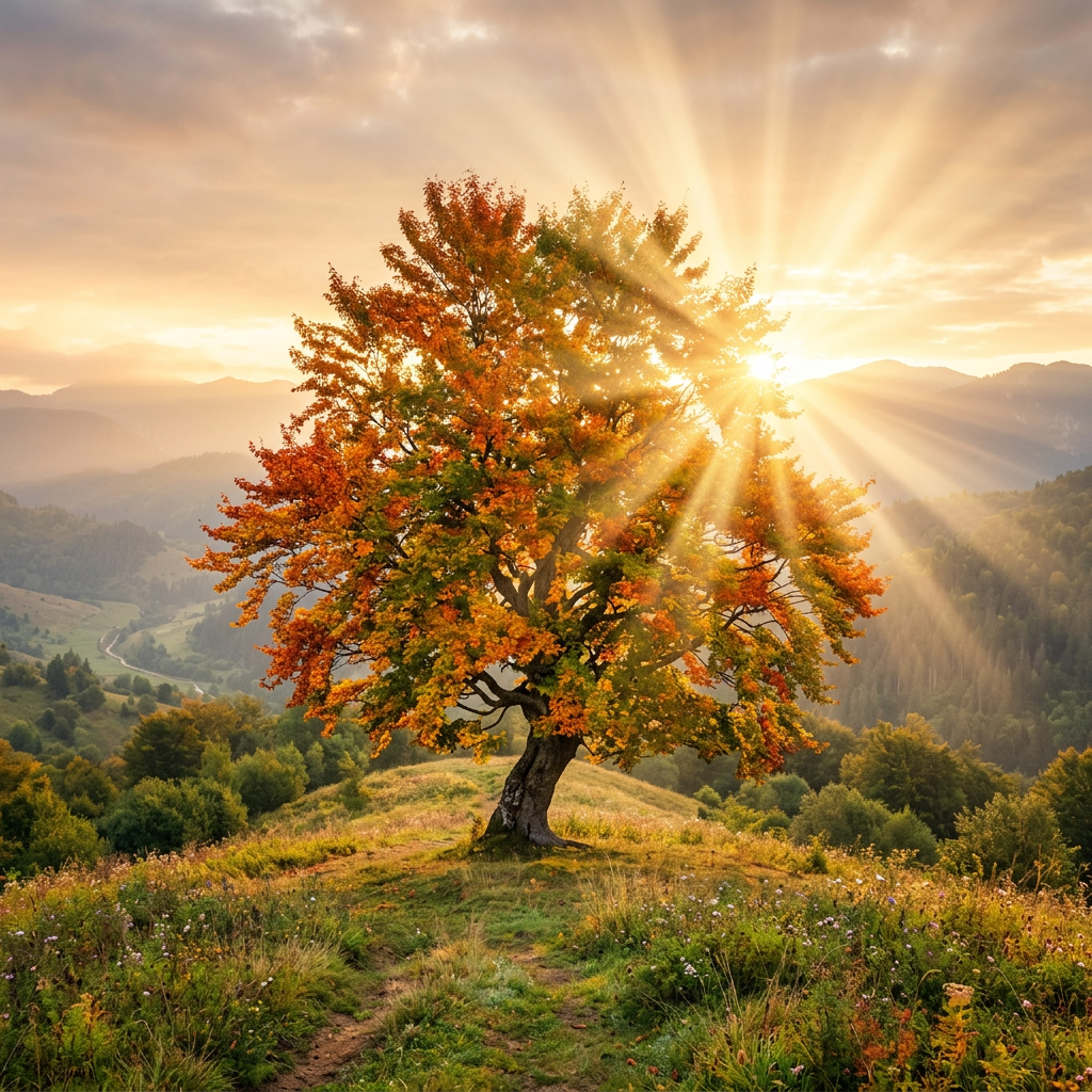 Tree with red, orange, and green leaves illuminated by sunlight