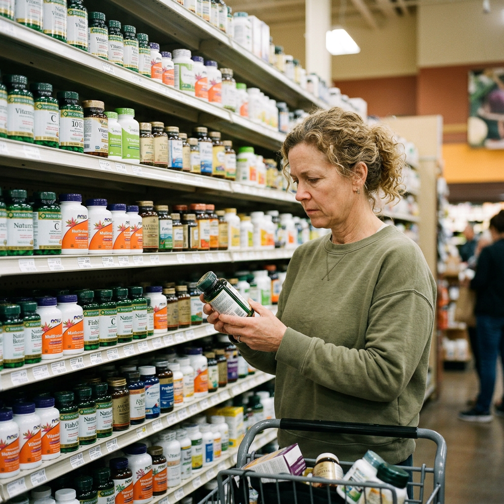 Woman examining supplement bottle in a health store.