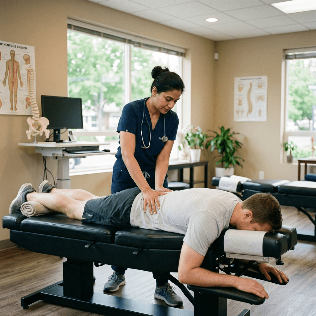 Chiropractor adjusting patient's lower back on treatment table
